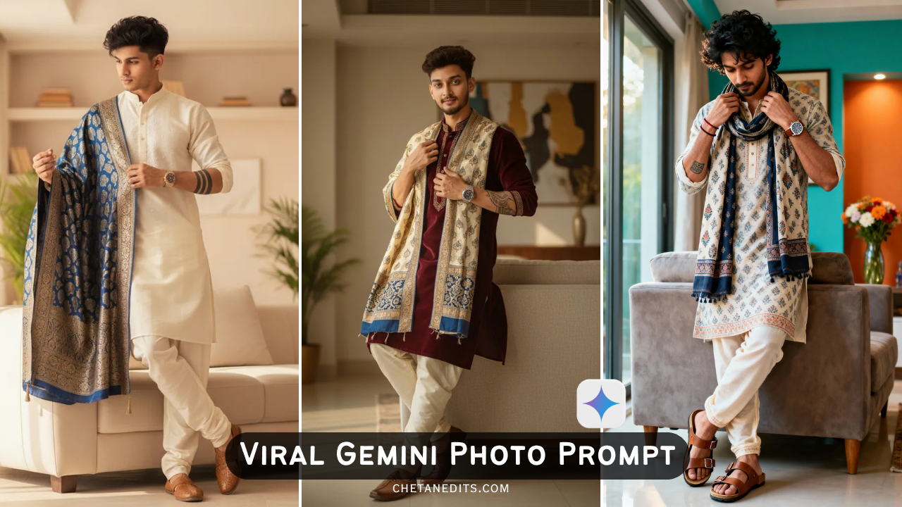 Viral Gemini Photo Prompt for Boys – Luxury Kurta & Stylish Dupatta Look